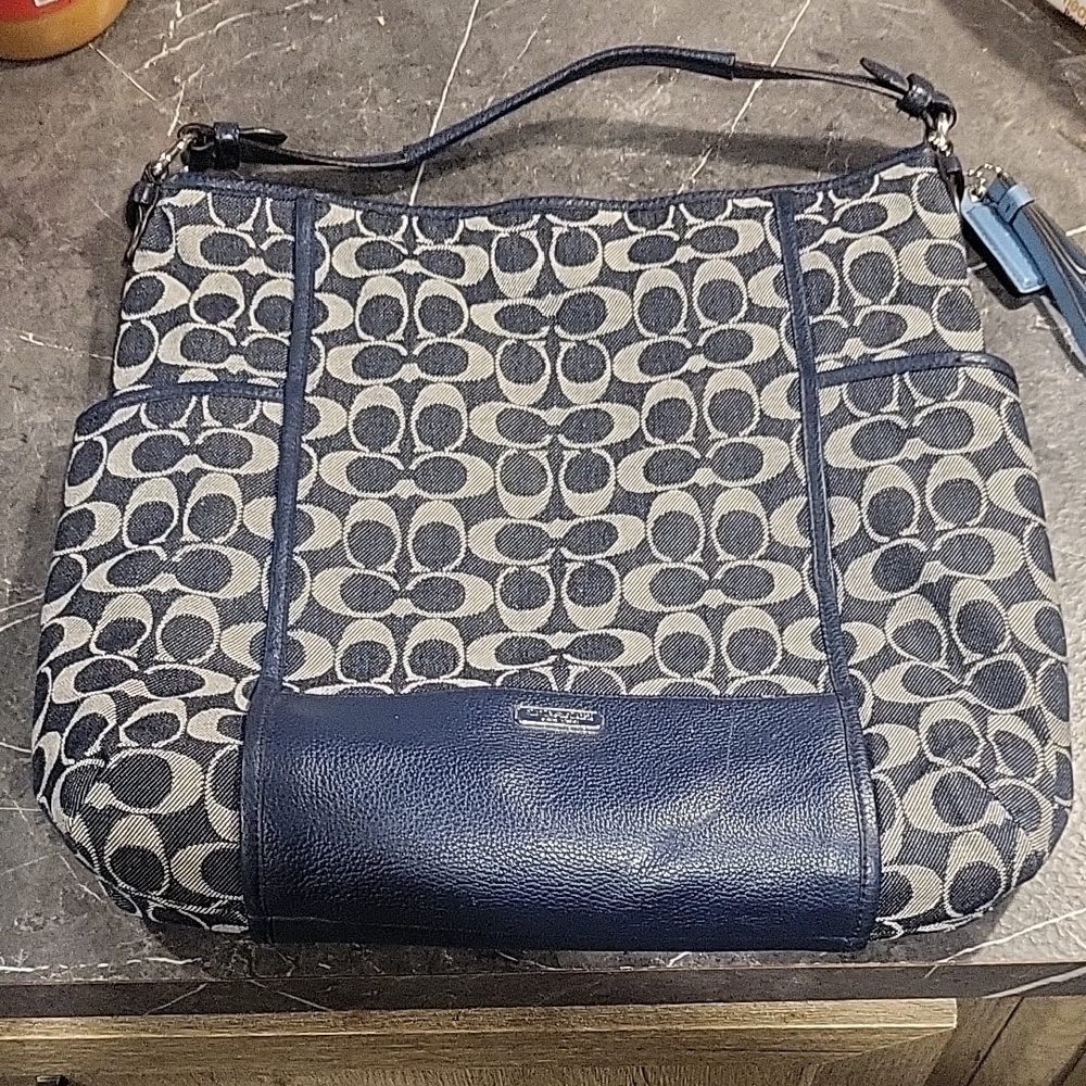 Large Navy Blue Patterned Coach Purse